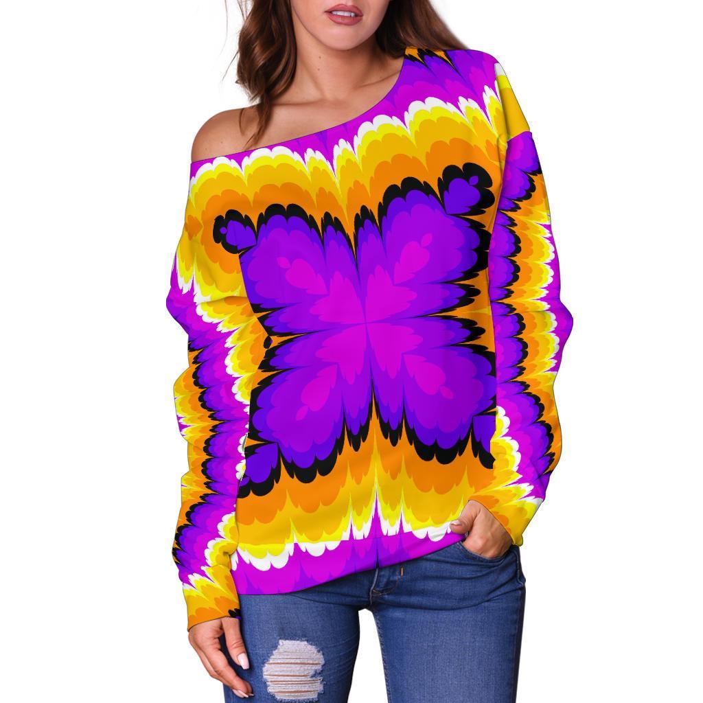 Yellow Explosion Moving Optical Illusion Off Shoulder Sweatshirt GearFrost