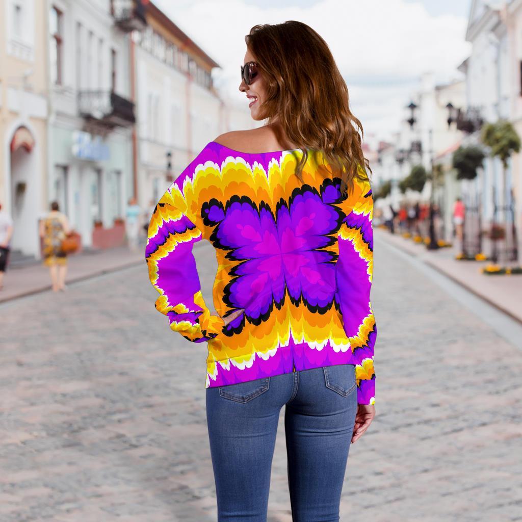 Yellow Explosion Moving Optical Illusion Off Shoulder Sweatshirt GearFrost