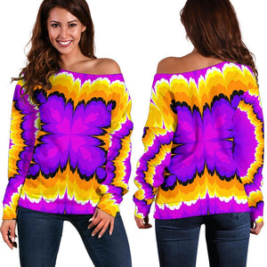 Yellow Explosion Moving Optical Illusion Off Shoulder Sweatshirt GearFrost