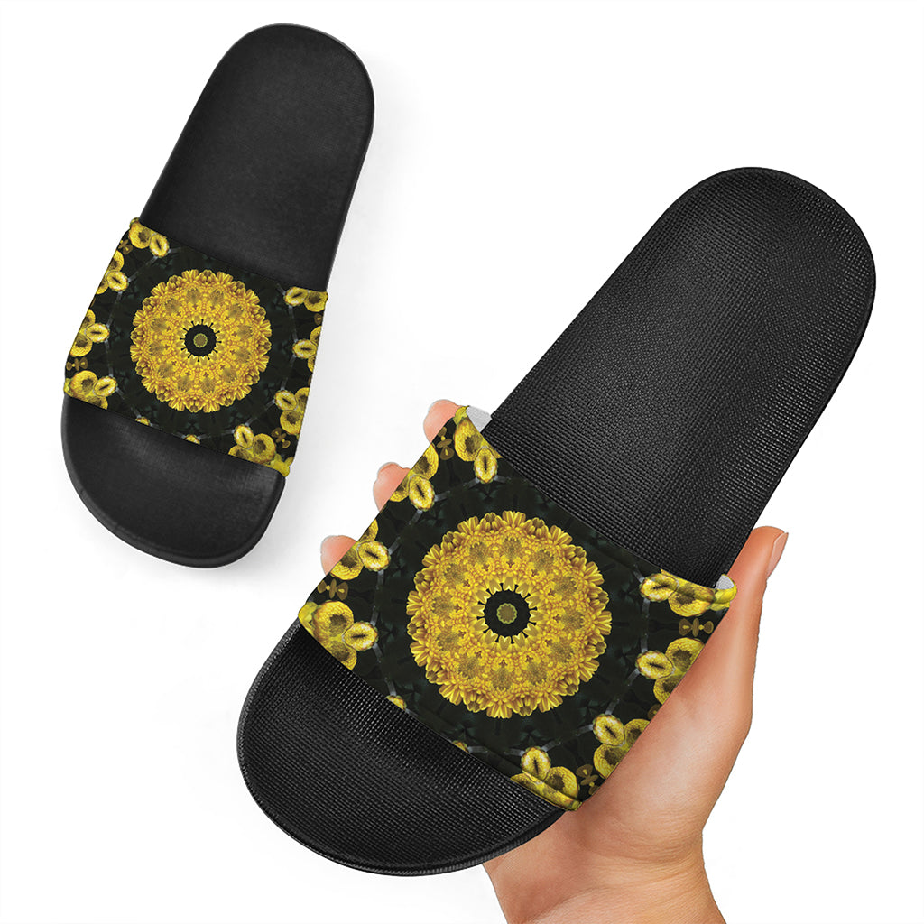 Yellow Flower Kaleidoscope Print Black Slide Sandals