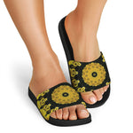 Yellow Flower Kaleidoscope Print Black Slide Sandals
