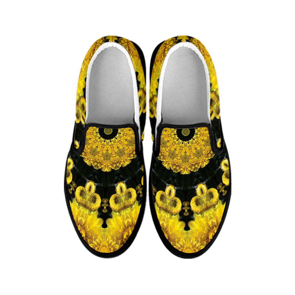 Yellow Flower Kaleidoscope Print Black Slip On Shoes