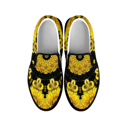 Yellow Flower Kaleidoscope Print Black Slip On Shoes
