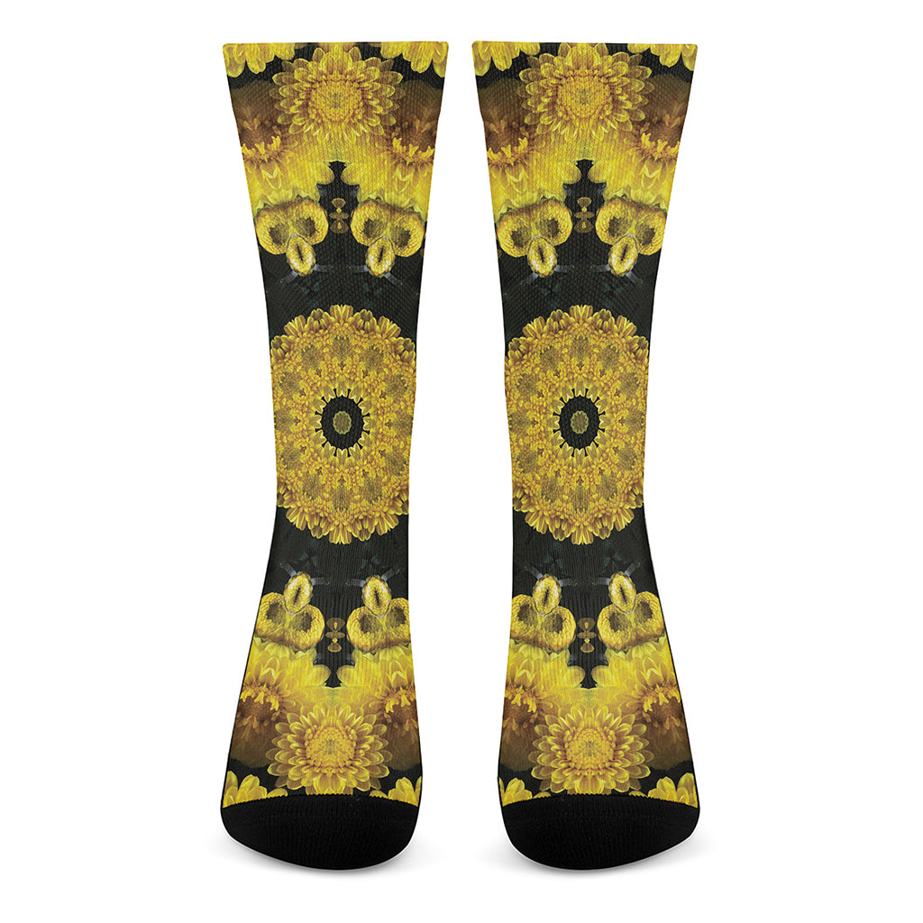 Yellow Flower Kaleidoscope Print Crew Socks