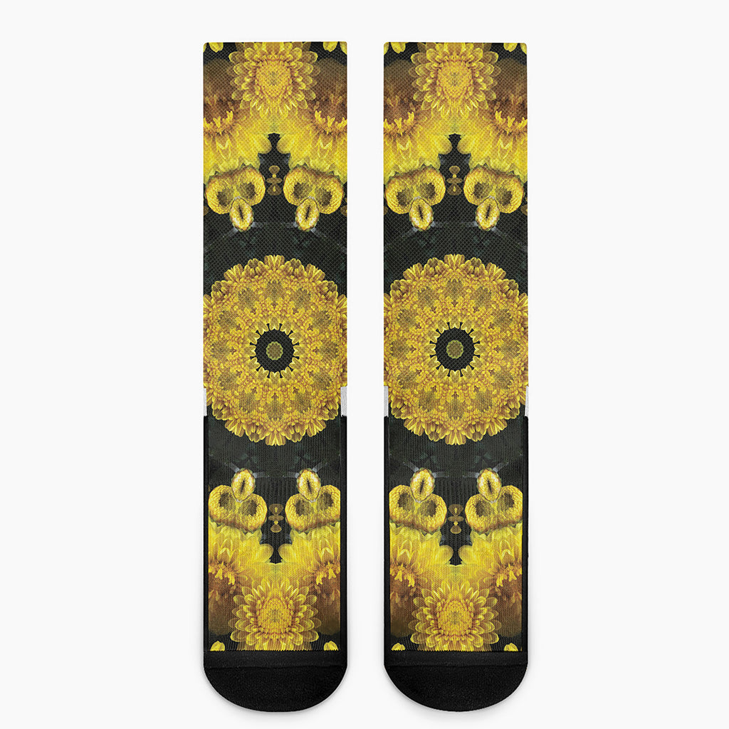 Yellow Flower Kaleidoscope Print Crew Socks