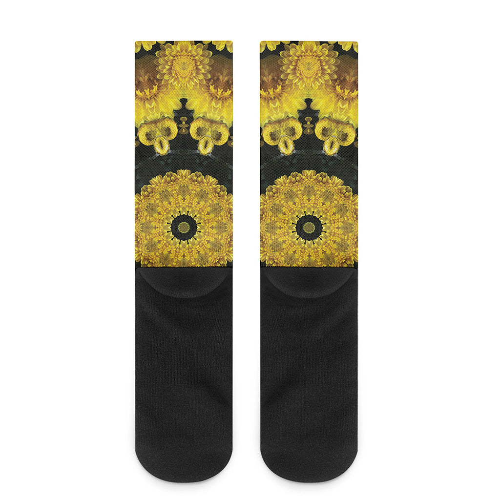 Yellow Flower Kaleidoscope Print Crew Socks