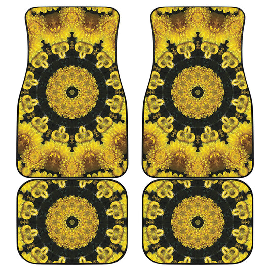 Yellow Flower Kaleidoscope Print Front and Back Car Floor Mats