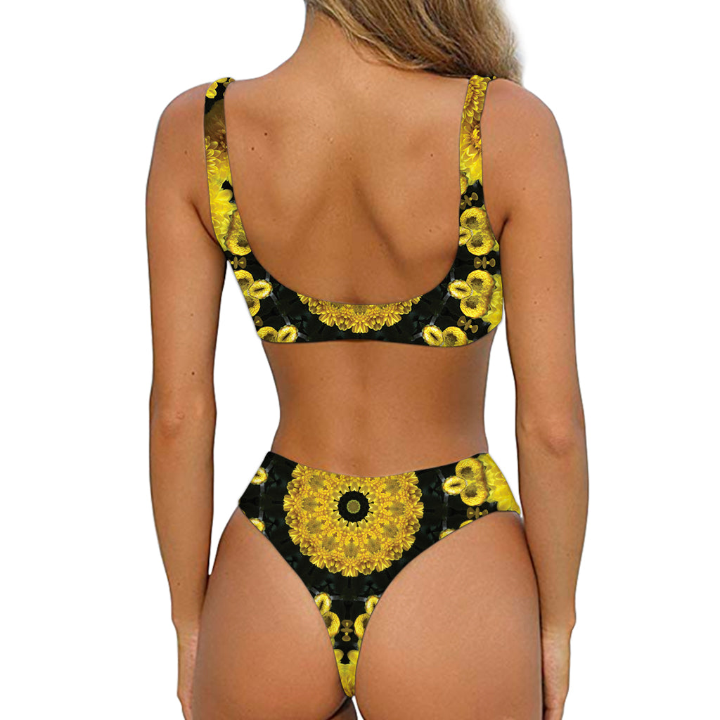 Yellow Flower Kaleidoscope Print Front Bow Tie Bikini