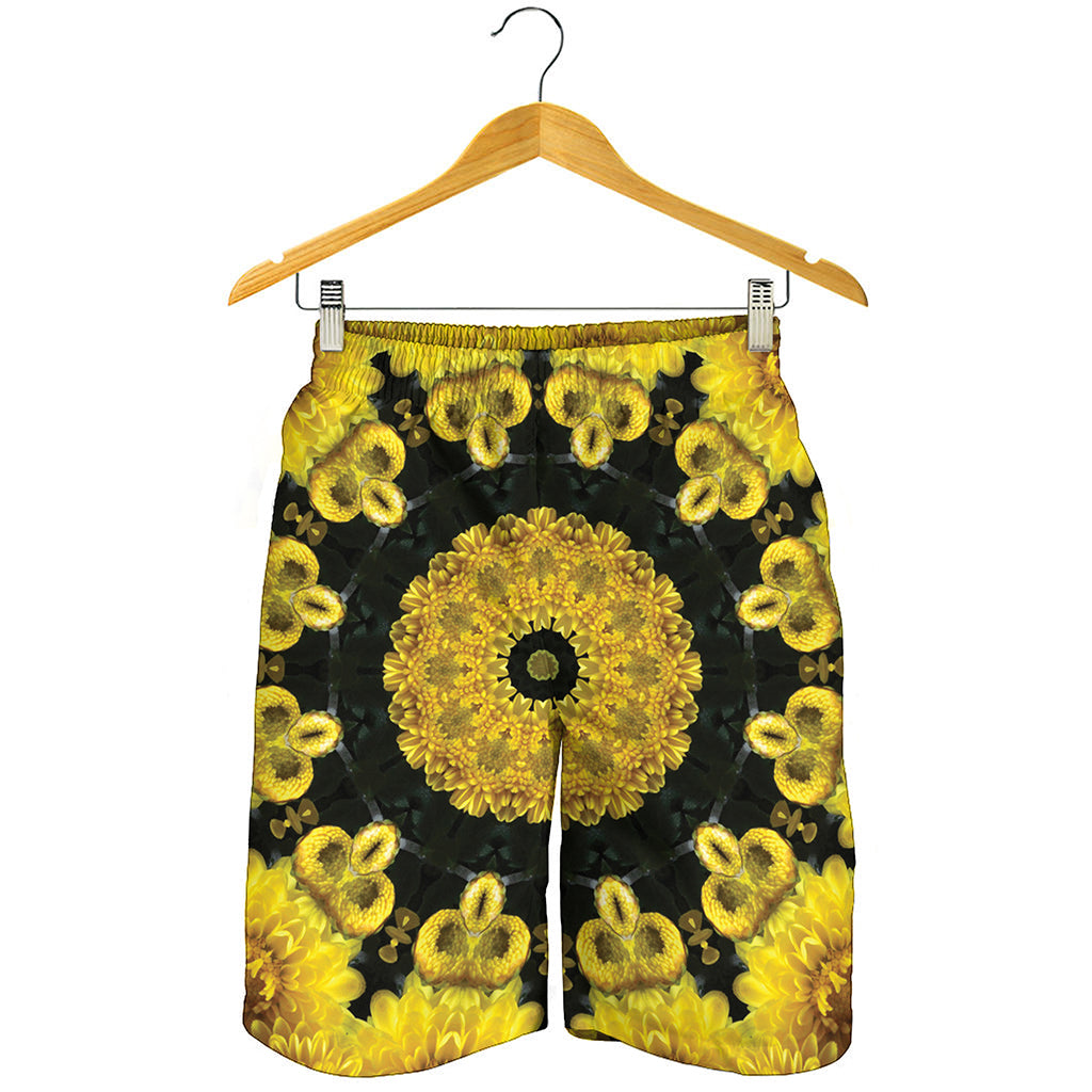 Yellow Flower Kaleidoscope Print Men's Shorts