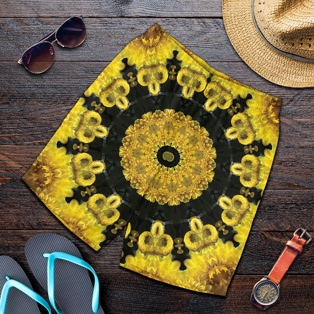 Yellow Flower Kaleidoscope Print Men's Shorts