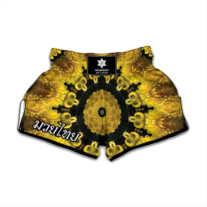 Yellow Flower Kaleidoscope Print Muay Thai Boxing Shorts