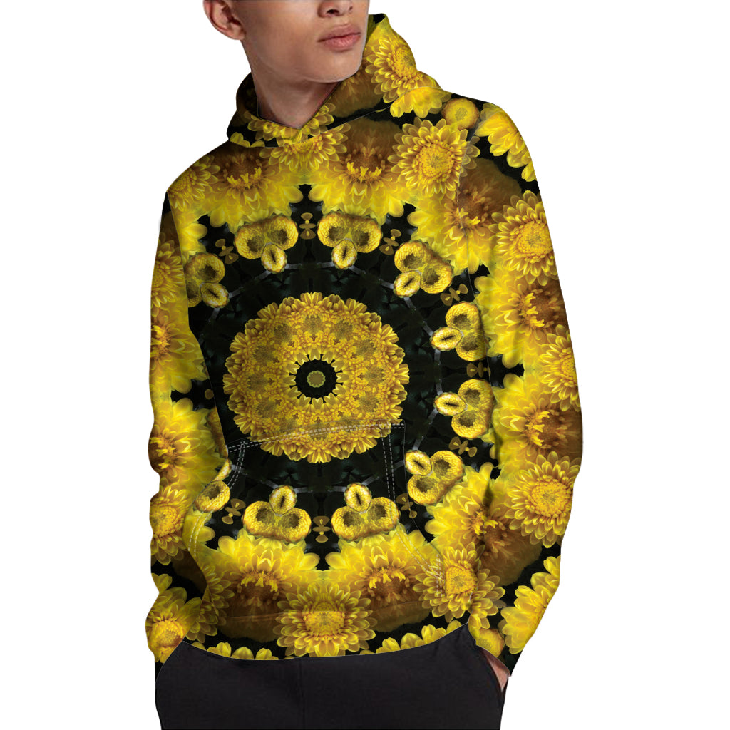 Yellow Flower Kaleidoscope Print Pullover Hoodie
