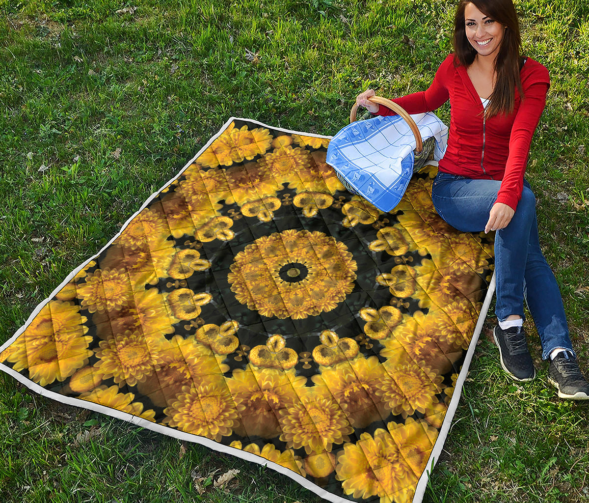 Yellow Flower Kaleidoscope Print Quilt