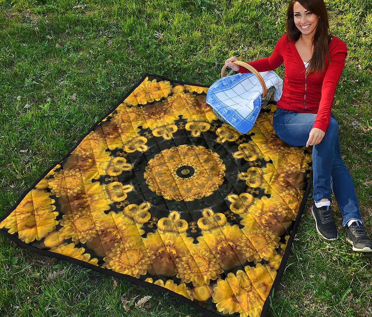 Yellow Flower Kaleidoscope Print Quilt