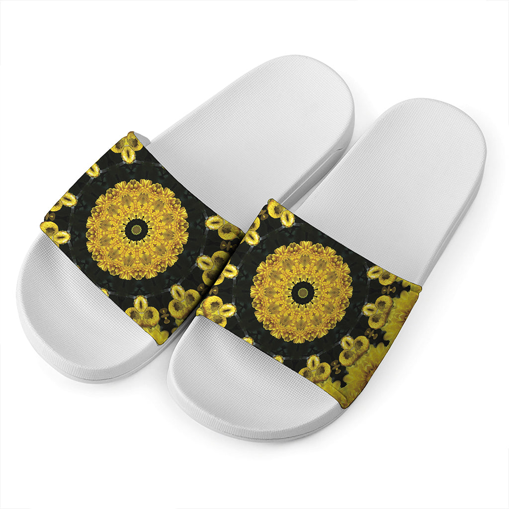 Yellow Flower Kaleidoscope Print White Slide Sandals