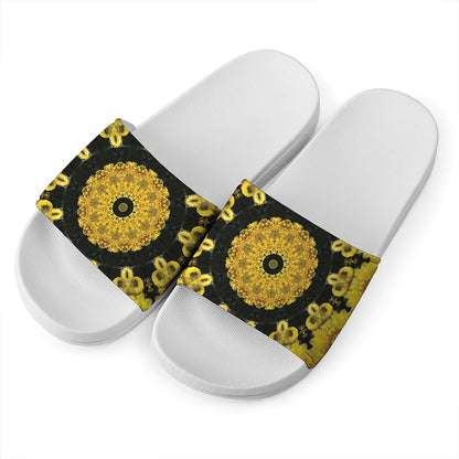 Yellow Flower Kaleidoscope Print White Slide Sandals