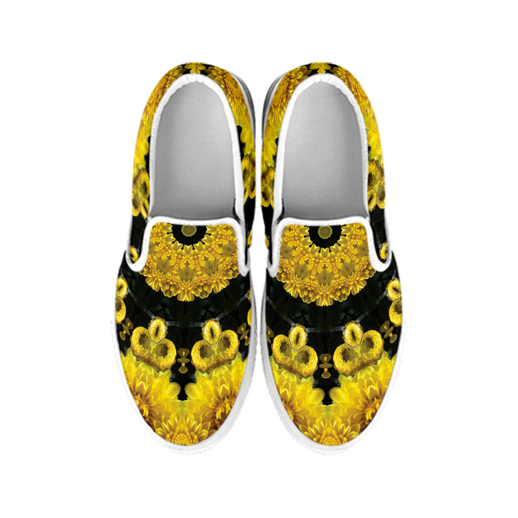 Yellow Flower Kaleidoscope Print White Slip On Shoes
