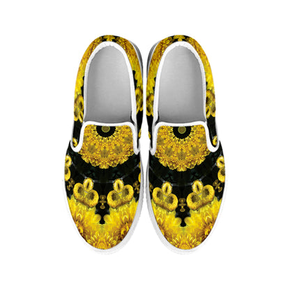 Yellow Flower Kaleidoscope Print White Slip On Shoes