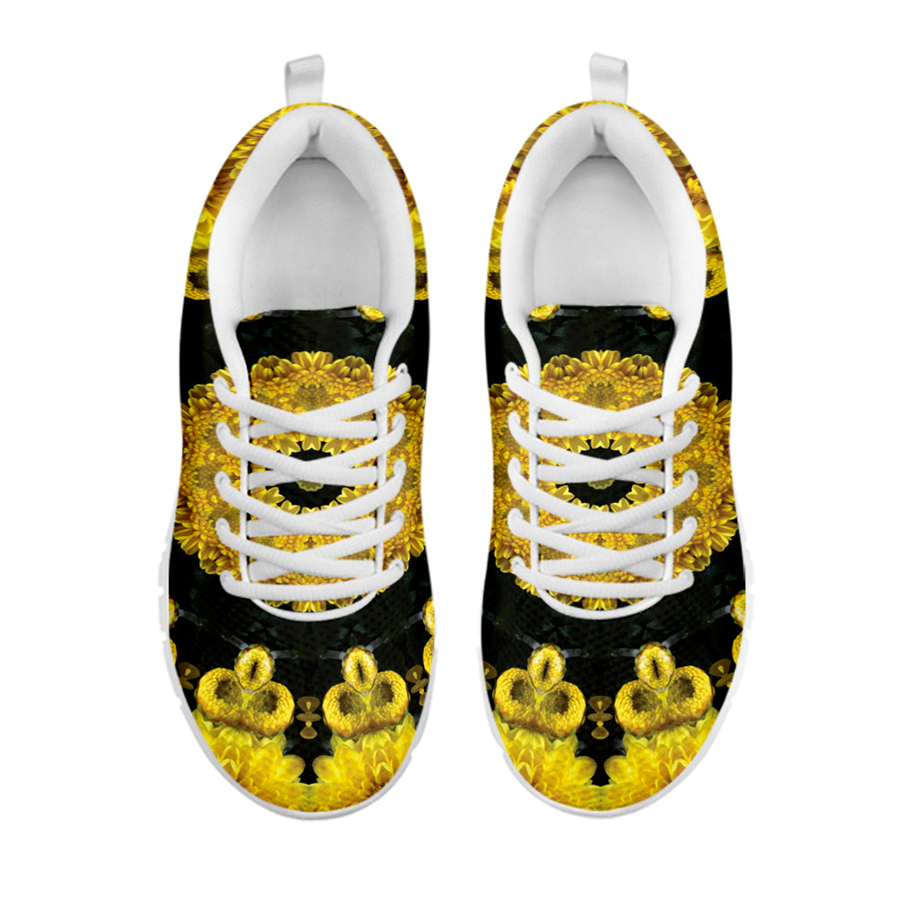 Yellow Flower Kaleidoscope Print White Sneakers