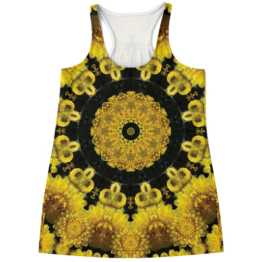 Yellow Flower Kaleidoscope Print Women's Racerback Tank Top