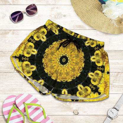 Yellow Flower Kaleidoscope Print Women's Shorts