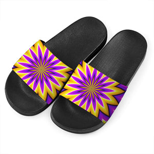 Yellow Flower Moving Optical Illusion Black Slide Sandals