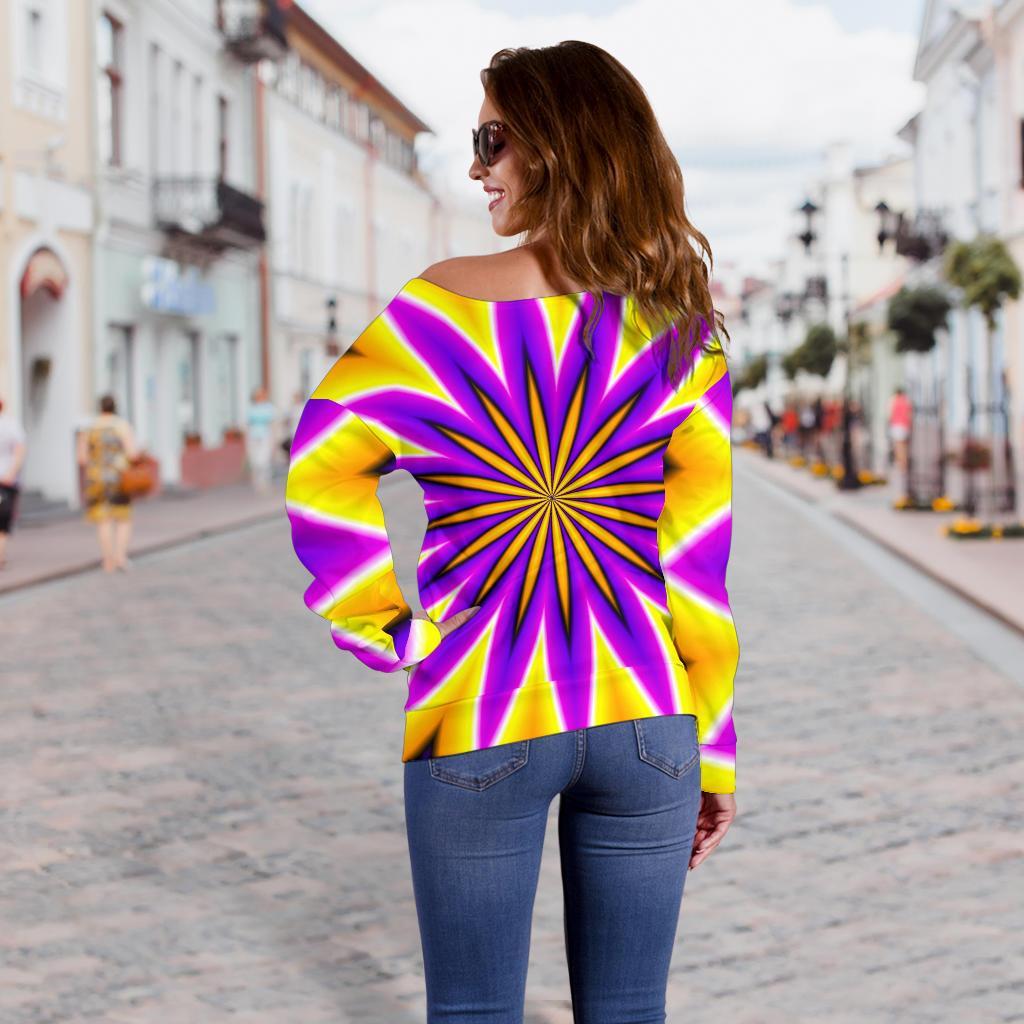 Yellow Flower Moving Optical Illusion Off Shoulder Sweatshirt GearFrost