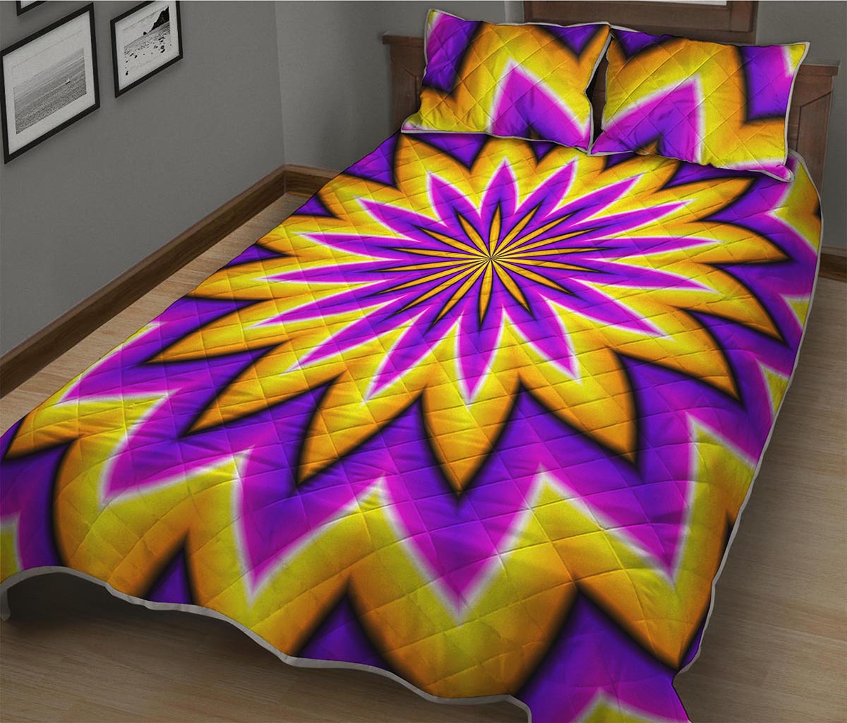 Yellow Flower Moving Optical Illusion Quilt Bed Set