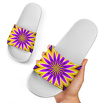 Yellow Flower Moving Optical Illusion White Slide Sandals
