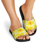Yellow Frangipani Pattern Print Black Slide Sandals