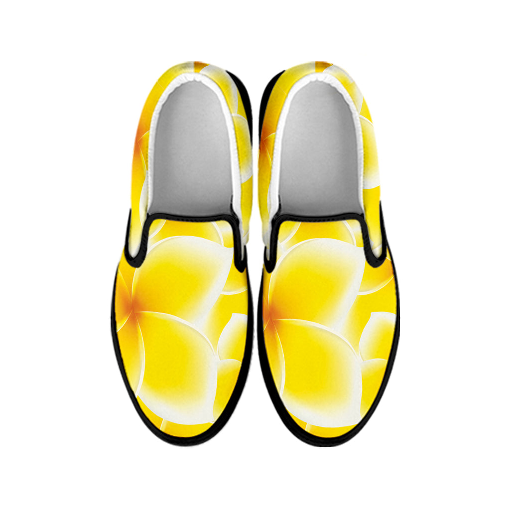 Yellow Frangipani Pattern Print Black Slip On Shoes