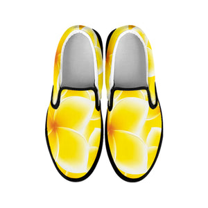 Yellow Frangipani Pattern Print Black Slip On Shoes