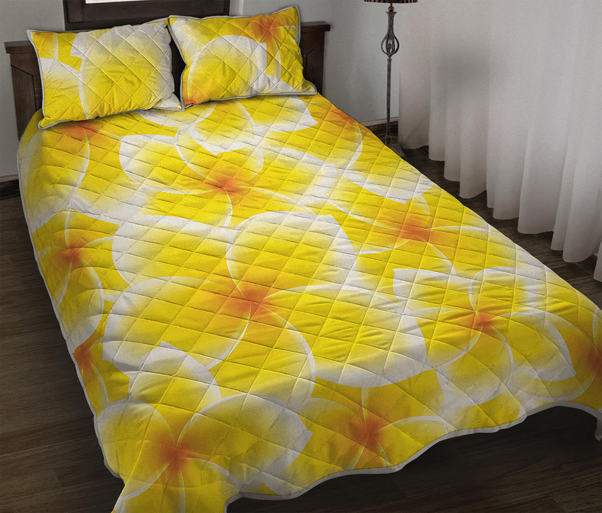 Yellow Frangipani Pattern Print Quilt Bed Set
