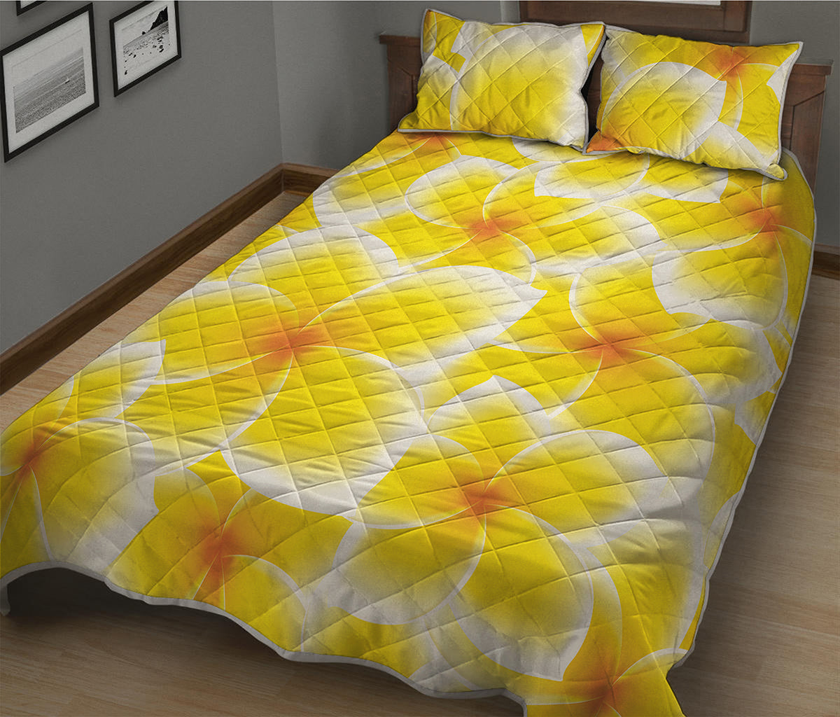 Yellow Frangipani Pattern Print Quilt Bed Set