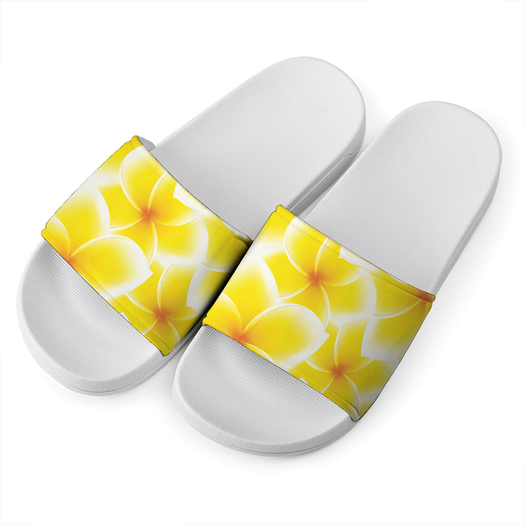 Yellow Frangipani Pattern Print White Slide Sandals