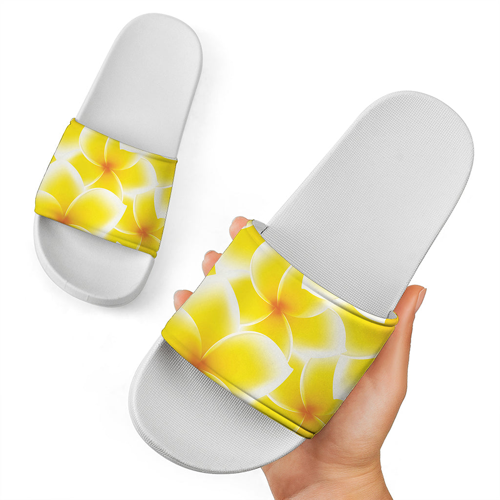 Yellow Frangipani Pattern Print White Slide Sandals