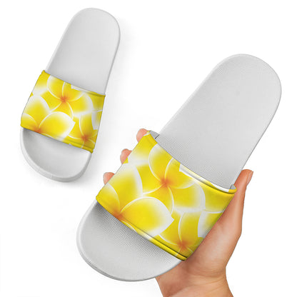 Yellow Frangipani Pattern Print White Slide Sandals