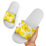 Yellow Frangipani Pattern Print White Slide Sandals