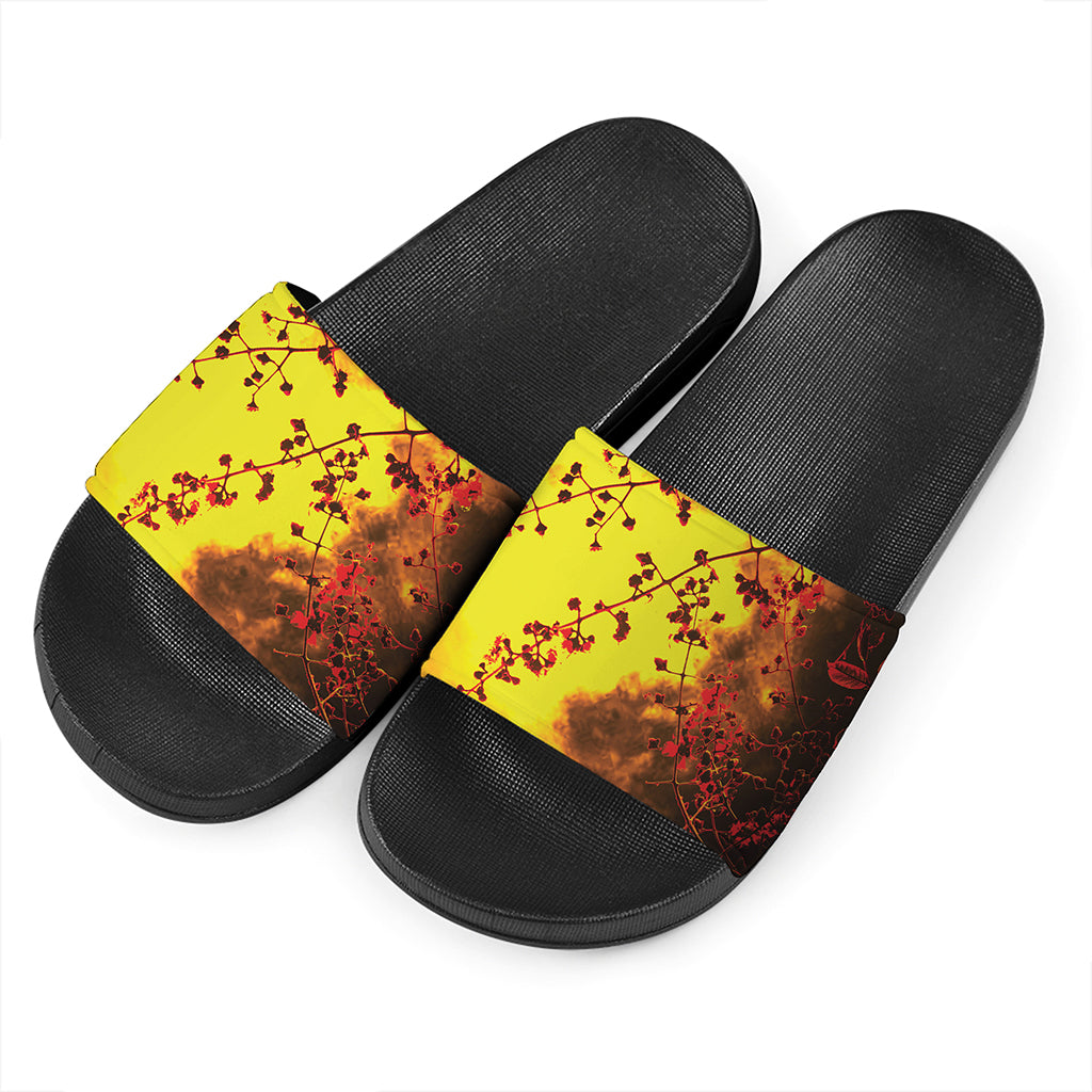 Yellow Full Moon Print Black Slide Sandals