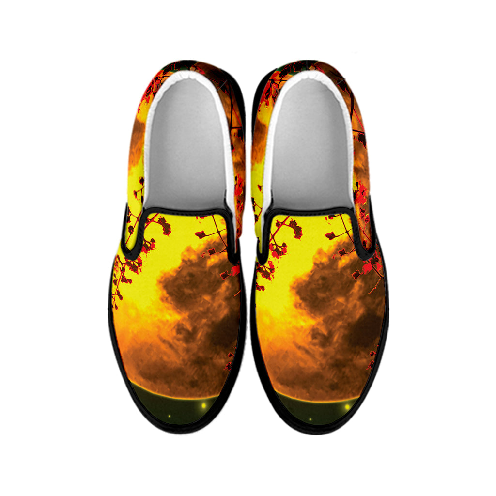 Yellow Full Moon Print Black Slip On Shoes