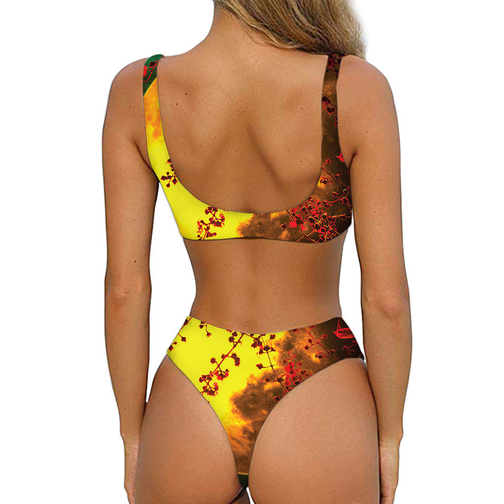 Yellow Full Moon Print Front Bow Tie Bikini