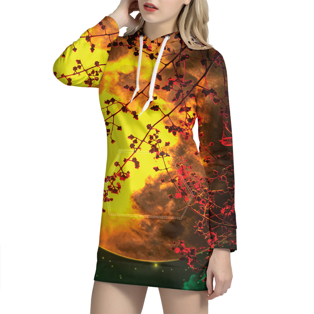 Yellow Full Moon Print Hoodie Dress