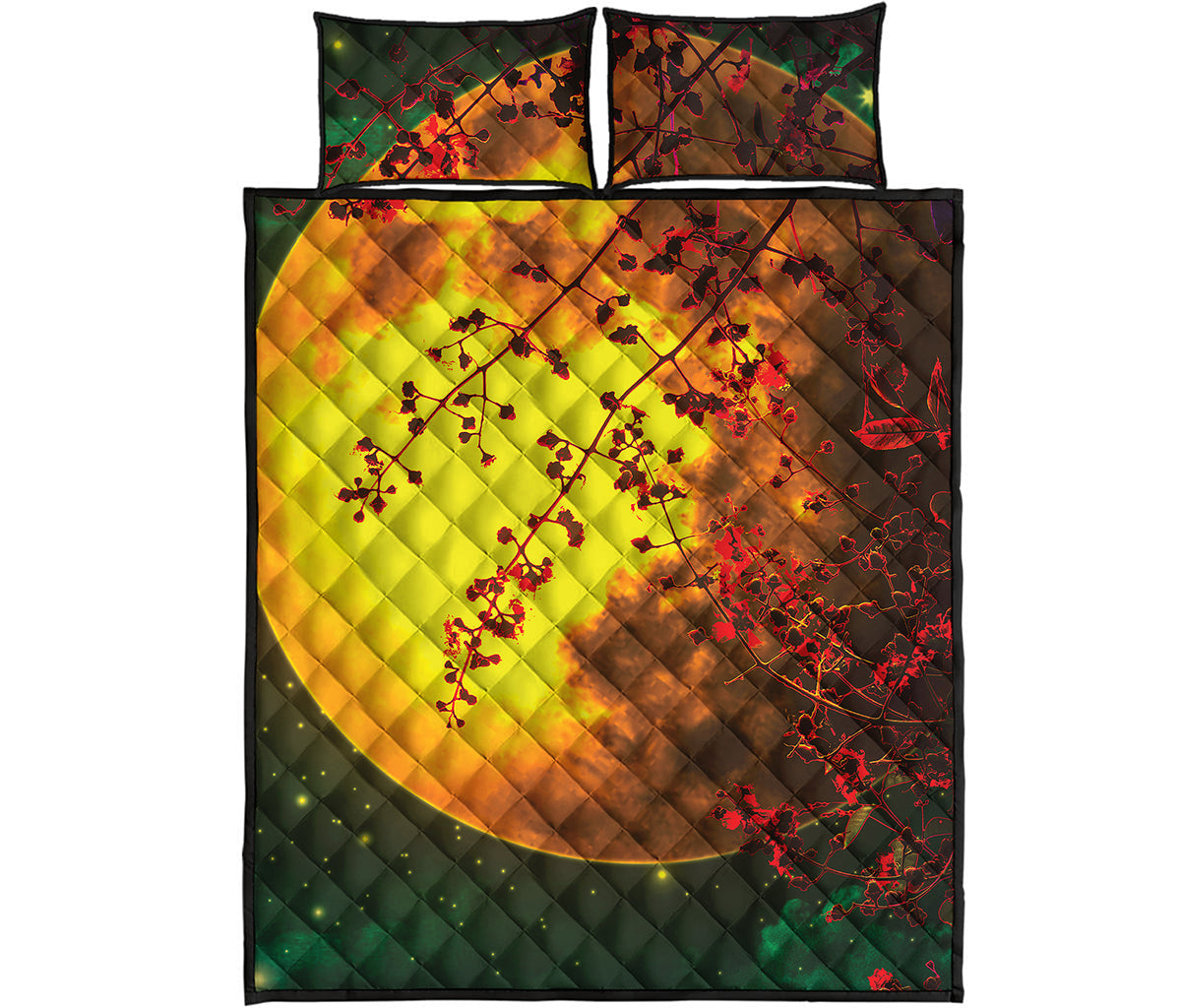 Yellow Full Moon Print Quilt Bed Set