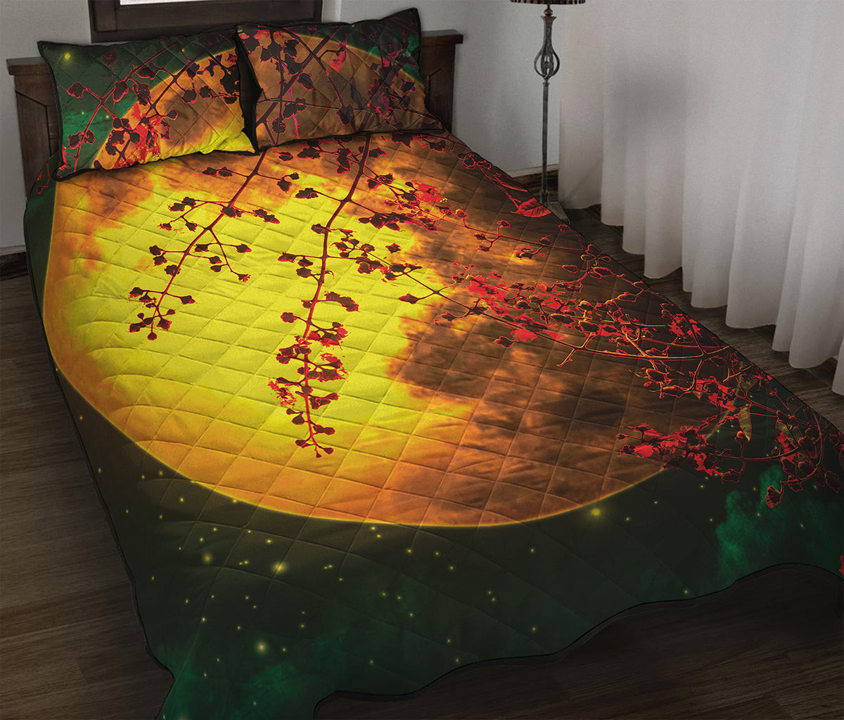 Yellow Full Moon Print Quilt Bed Set