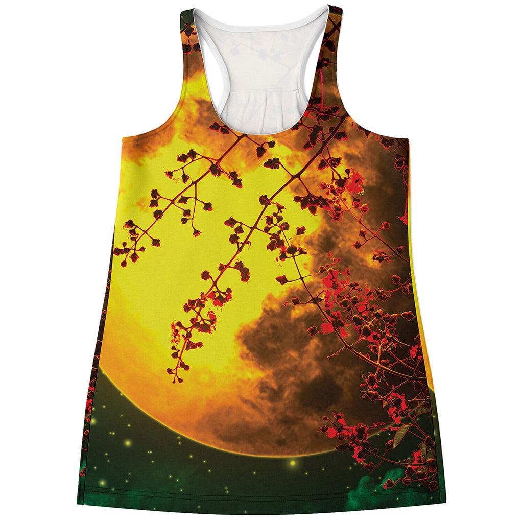 Yellow Full Moon Print Women's Racerback Tank Top
