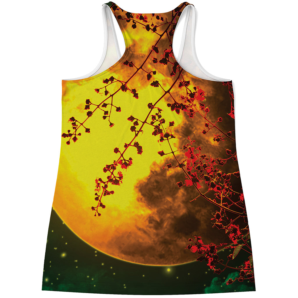 Yellow Full Moon Print Women's Racerback Tank Top
