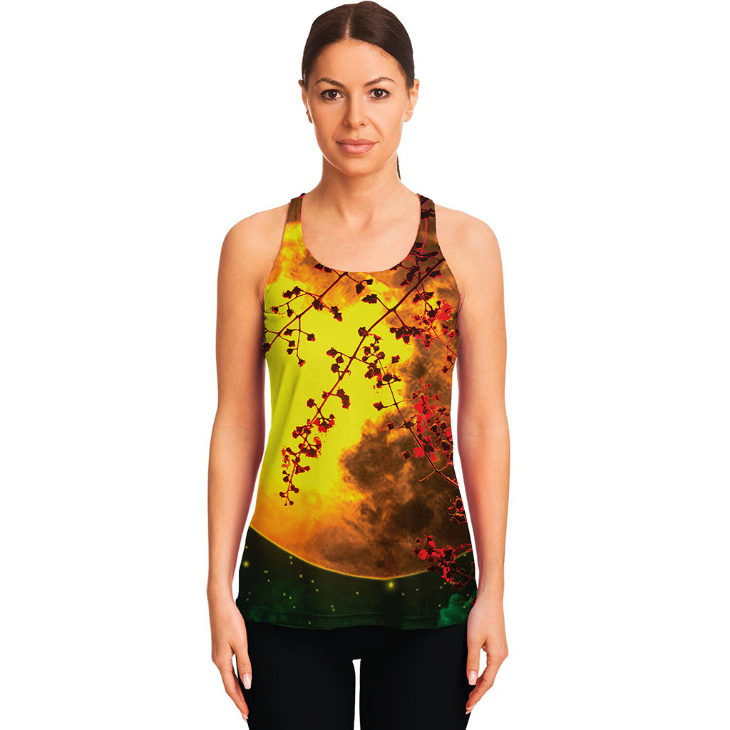 Yellow Full Moon Print Women's Racerback Tank Top