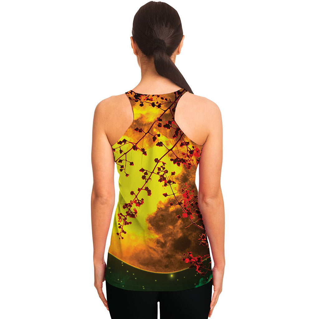 Yellow Full Moon Print Women's Racerback Tank Top