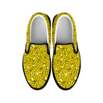 Yellow Geometric Banana Pattern Print Black Slip On Shoes