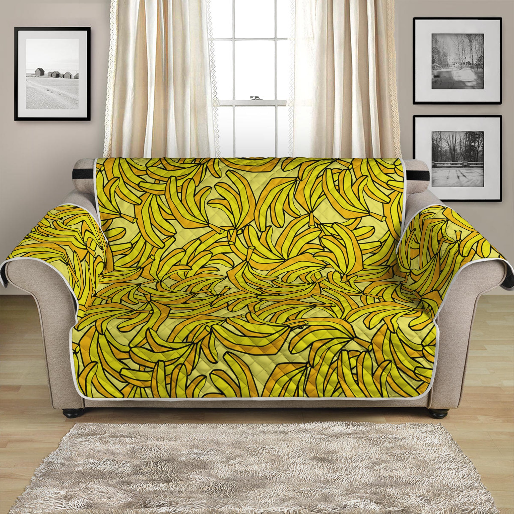 Yellow Geometric Banana Pattern Print Loveseat Protector